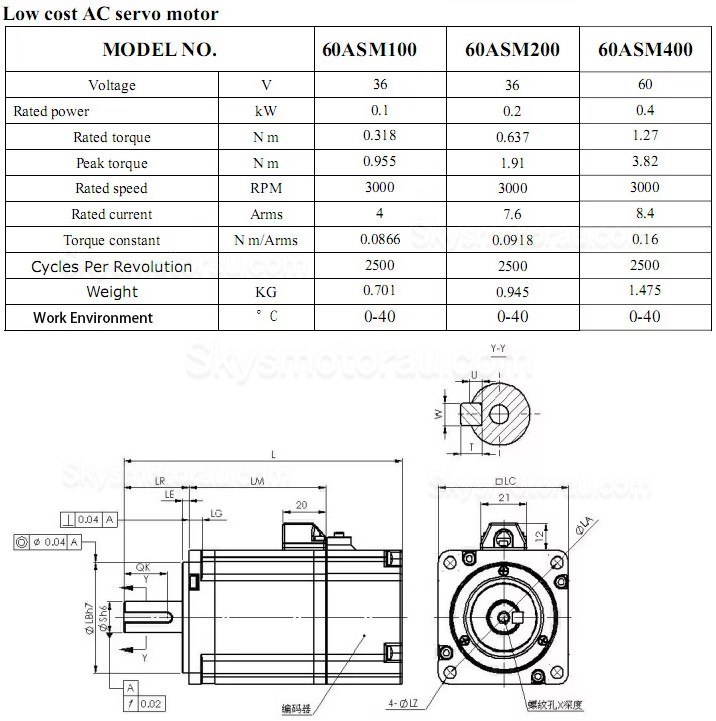 60V 400W 60mm DC Servo Motor 60ASM400 8.4A 1.27N.m 3000RPM L=157mm with 2500 Lines Encoder